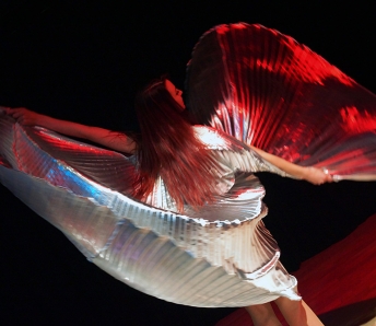 Female dancer in black costume and gold wings